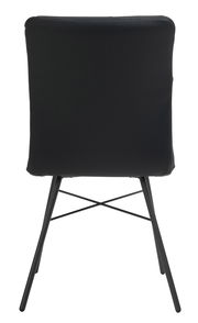 Rückansicht eines schwarzen Stuhls mit Metallbeinen und gepolsterter Rückenlehne.