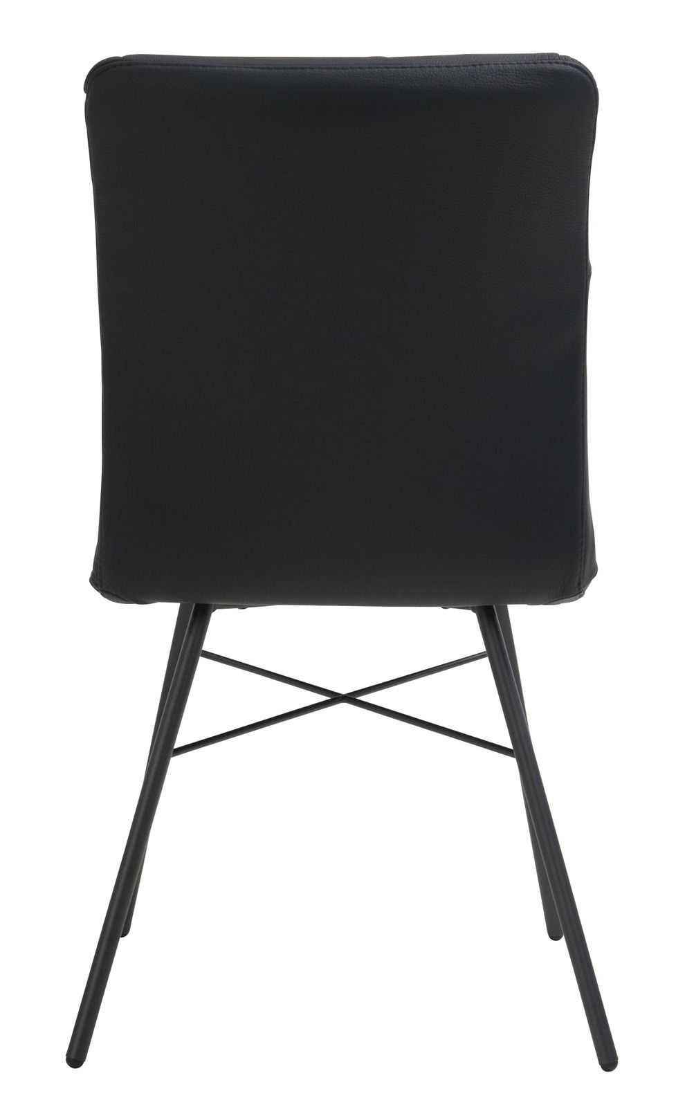 Rückansicht eines schwarzen Stuhls mit Metallbeinen und gepolsterter Rückenlehne.