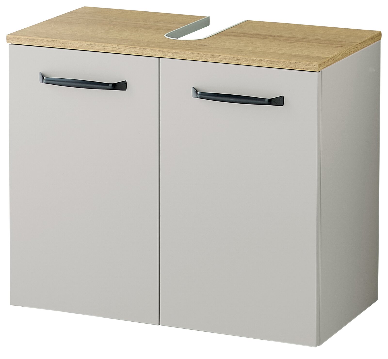 Waschbecken-Unterschrank in Weiß mit Holzoptik-Ablageplatte, zwei Türen und schwarzen Griffen, Ausschnitt für Siphon, Ansicht schräg von vorne oben