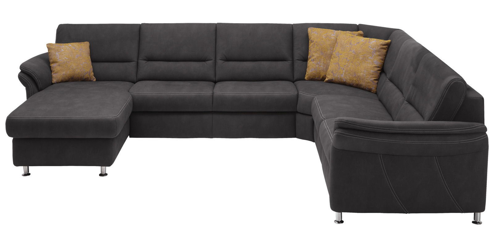 Graue Polsterrundecke mit gelben Kissen, Perspektive von vorne links