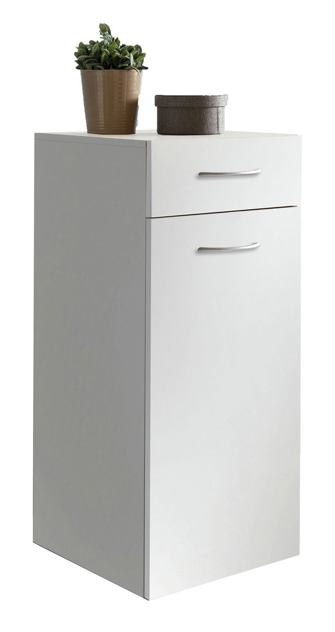 XORA Wäschekommode MULTIRAUMKONZEPT Weiße Wäschekommode mit einer Schublade und einer Tür, darauf eine Pflanze und eine kleine Box, seitliche Perspektive