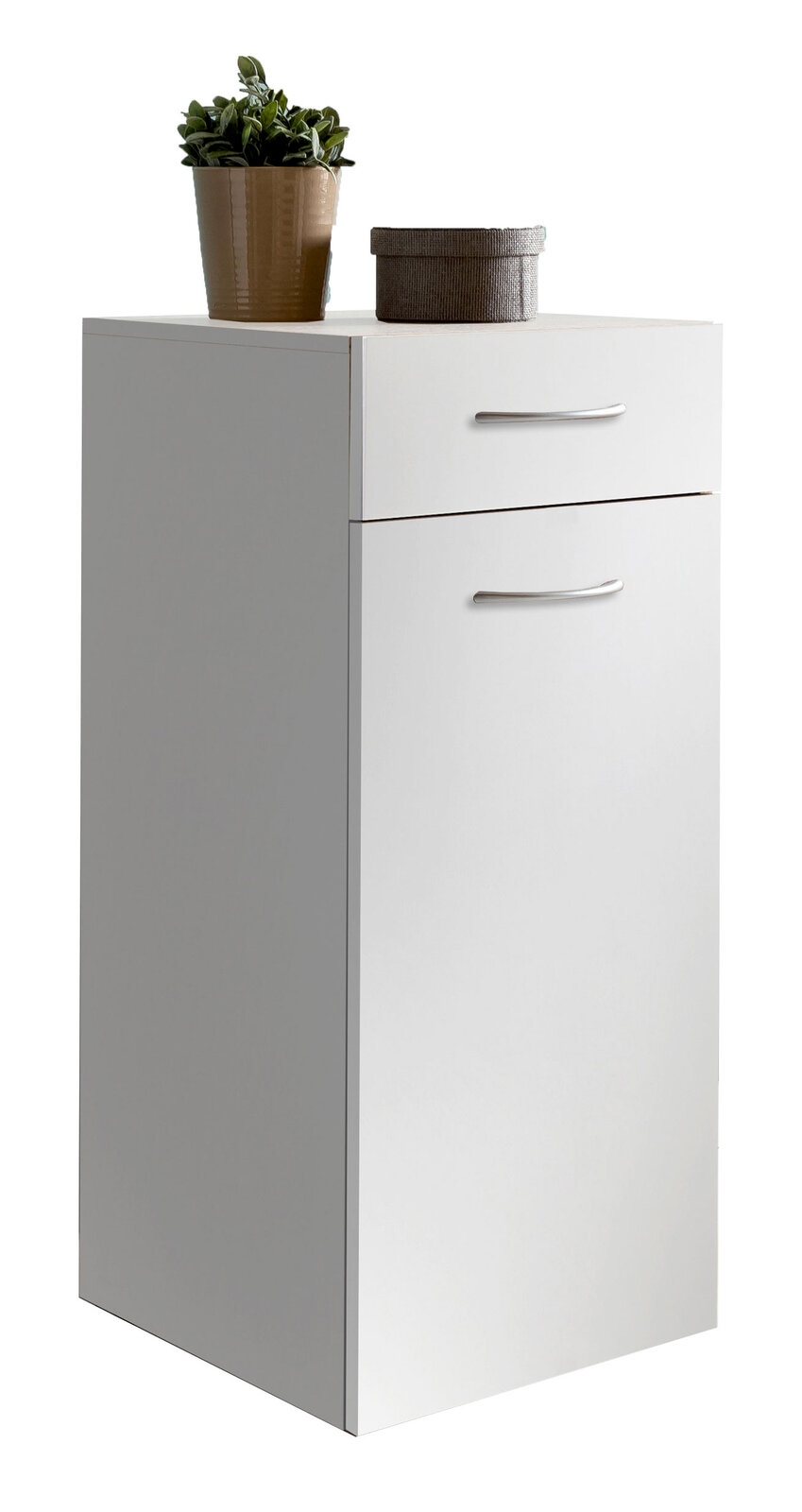 XORA Wäschekommode MULTIRAUMKONZEPT Weiße Wäschekommode mit einer Schublade und einer Tür, darauf eine Pflanze und eine kleine Box, seitliche Perspektive