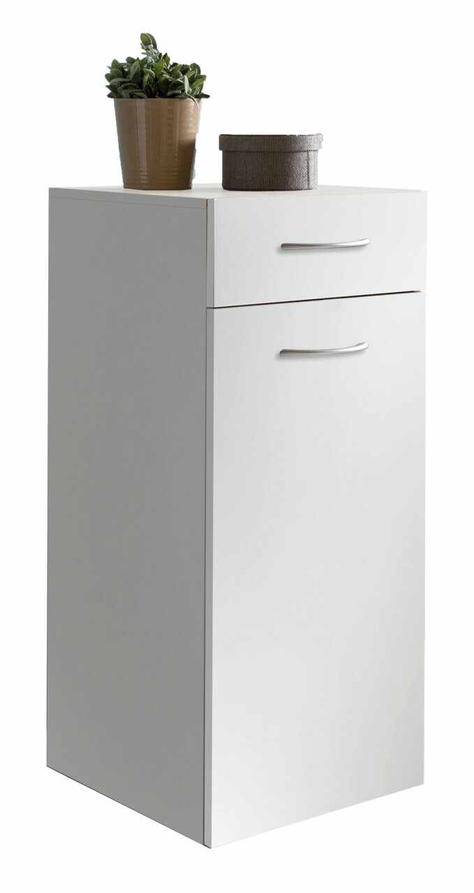 XORA Wäschekommode MULTIRAUMKONZEPT Weiße Wäschekommode mit einer Schublade und einer Tür, darauf eine Pflanze und eine kleine Box, seitliche Perspektive