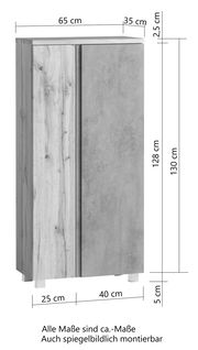 Midischrank 65 cm in Holzoptik und Betonoptik, Frontansicht mit Maßen.