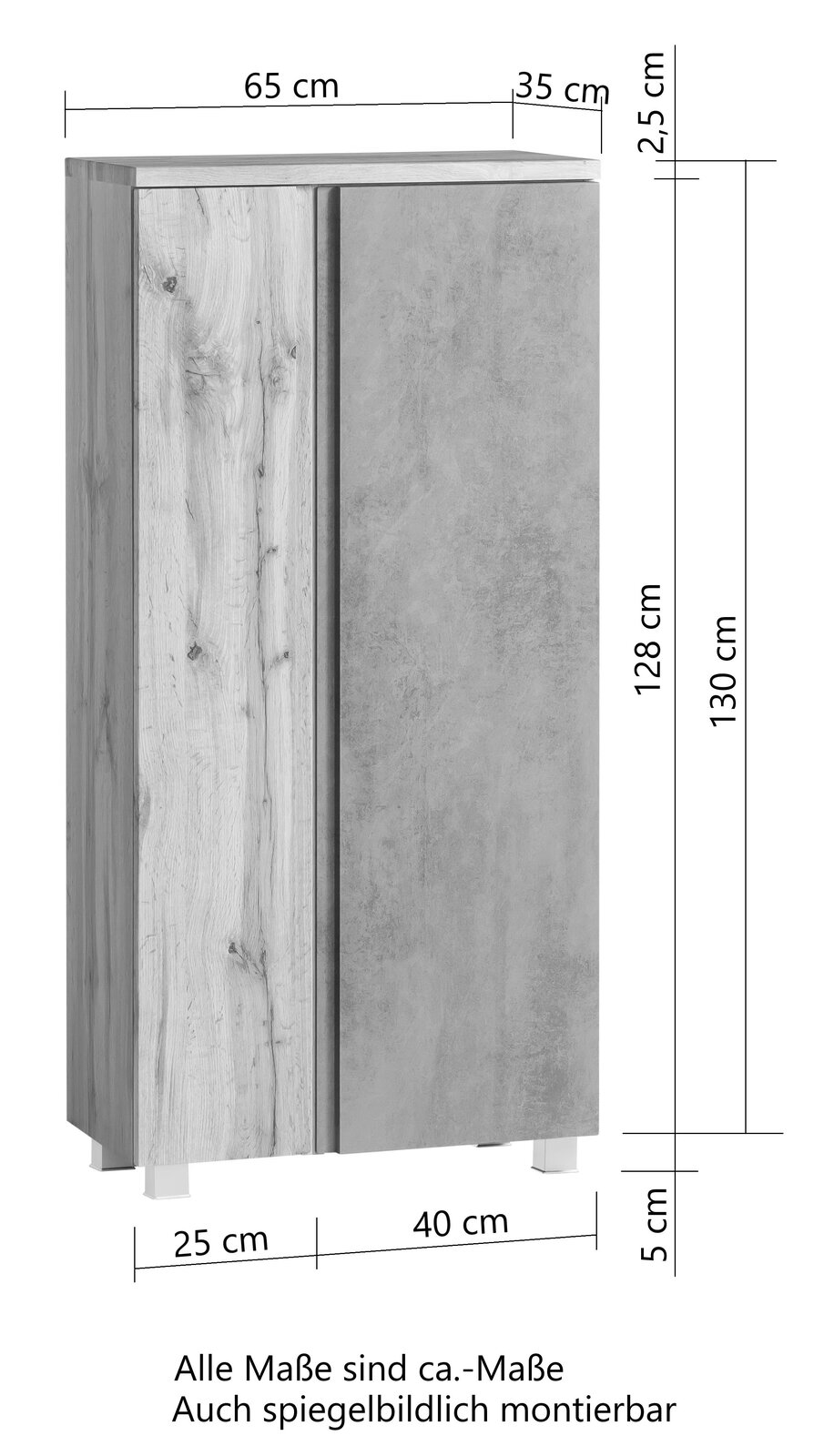 Midischrank 65 cm in Holzoptik und Betonoptik, Frontansicht mit Maßen.