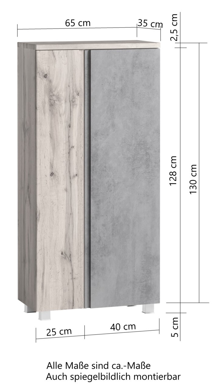 Midischrank 65 cm in Holzoptik und Betonoptik, Frontansicht mit Maßen.