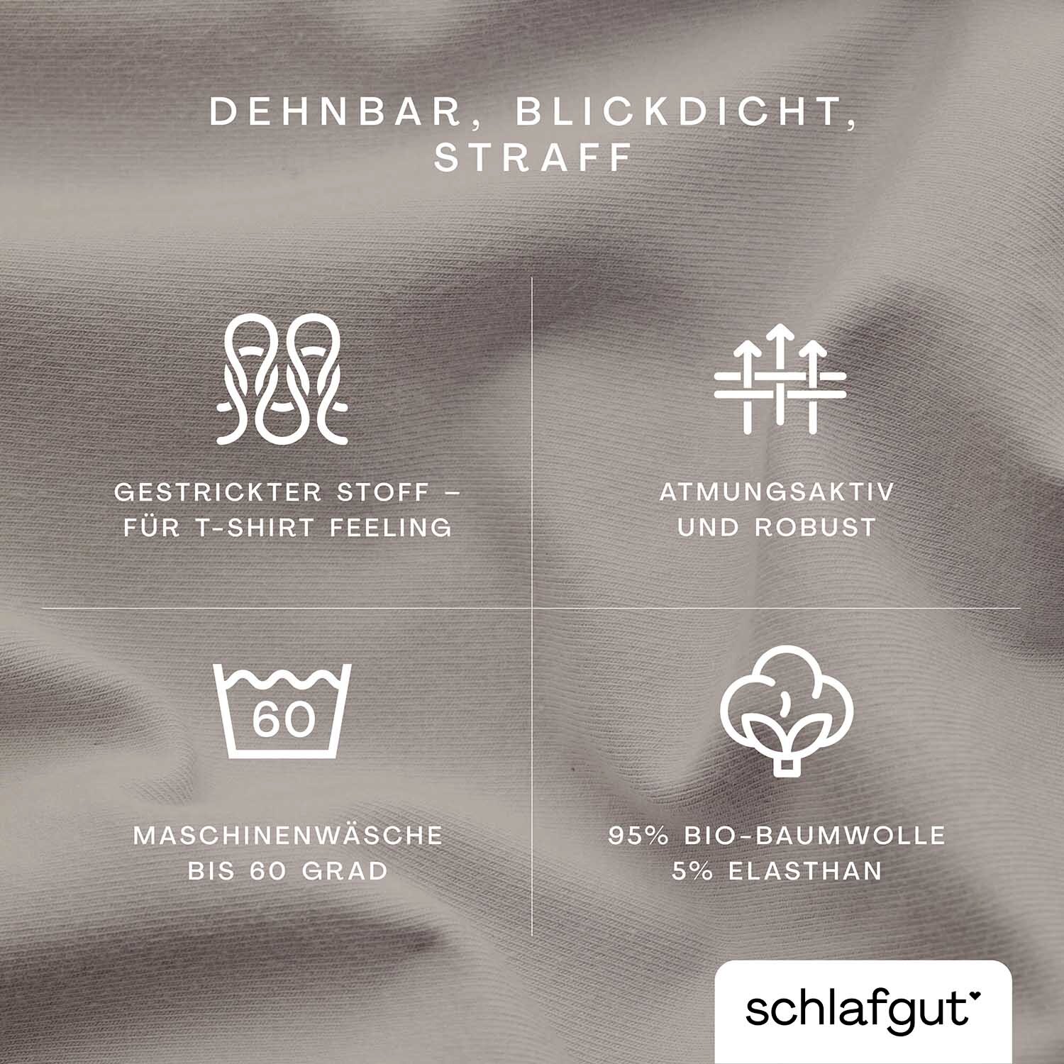 Nahaufnahme eines Spannbettlakens in XL-Größe, dehnbar, blickdicht und straff, aus gestricktem Stoff für T-Shirt Feeling, atmungsaktiv und robust, maschinenwaschbar bis 60 Grad, bestehend aus 95% Bio-Baumwolle und 5% Elasthan.