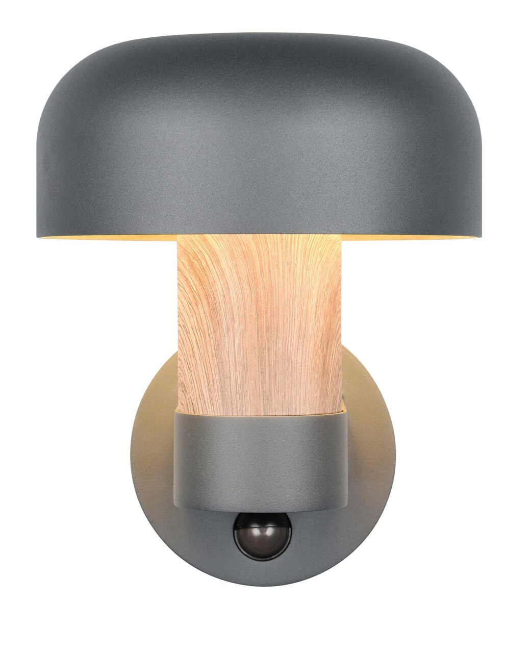 Moderne LED-Außenwandleuchte mit grauem Schirm und Holzoptik, frontal abgebildet