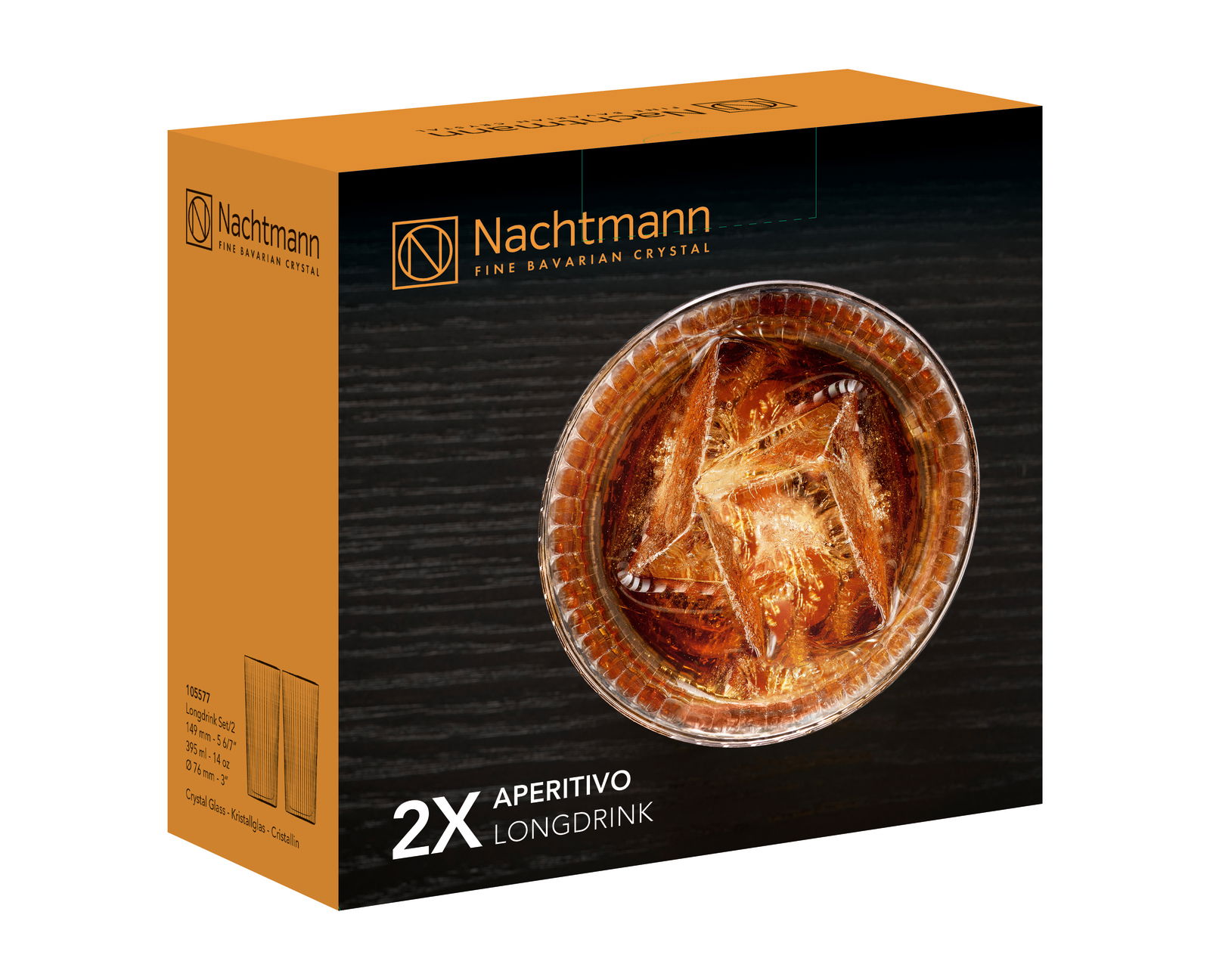 Verpackung des Nachtmann Aperitivo Longdrink Sets mit zwei Kristallgläsern, Draufsicht auf ein gefülltes Glas mit Eiswürfeln.