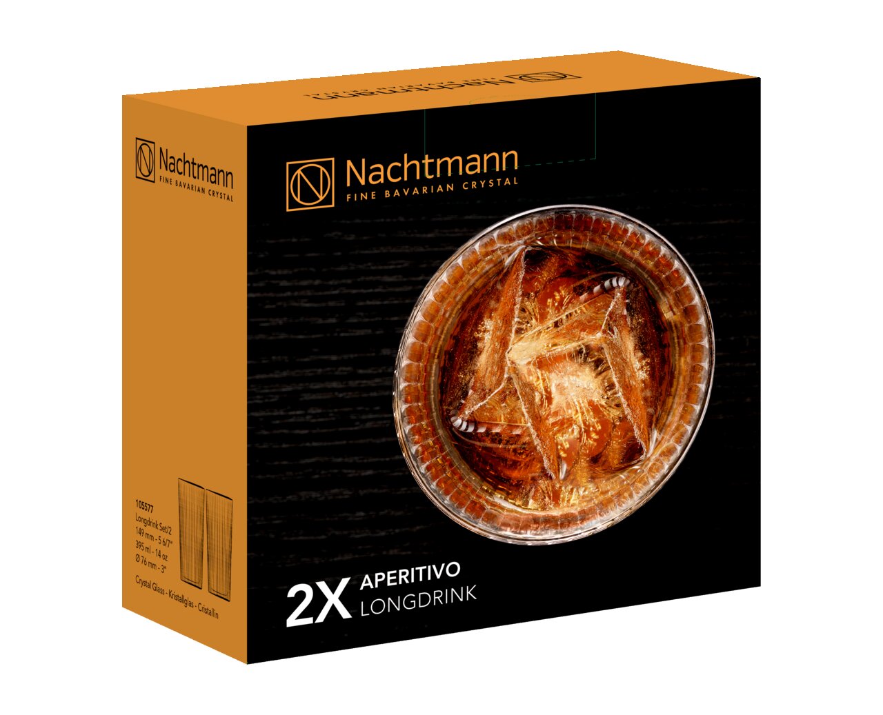 Verpackung des Nachtmann Aperitivo Longdrink Sets mit zwei Kristallgläsern, Draufsicht auf ein gefülltes Glas mit Eiswürfeln.