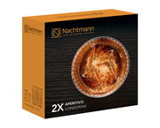 Verpackung des Nachtmann Aperitivo Longdrink Sets mit zwei Kristallgläsern, Draufsicht auf ein gefülltes Glas mit Eiswürfeln.