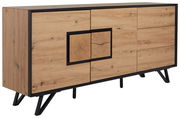 Modernes Sideboard aus Holz mit schwarzem Rahmen und einzigartigem Design, seitliche Perspektive