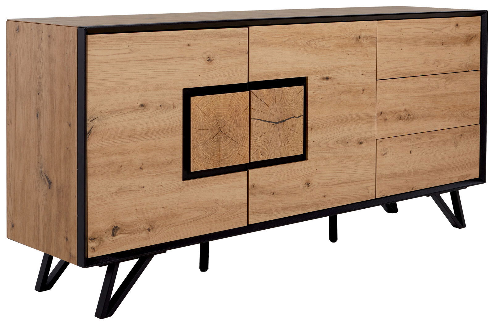 XORA Sideboard NOVA Modernes Sideboard aus Holz mit schwarzem Rahmen und einzigartigem Design, seitliche Perspektive
