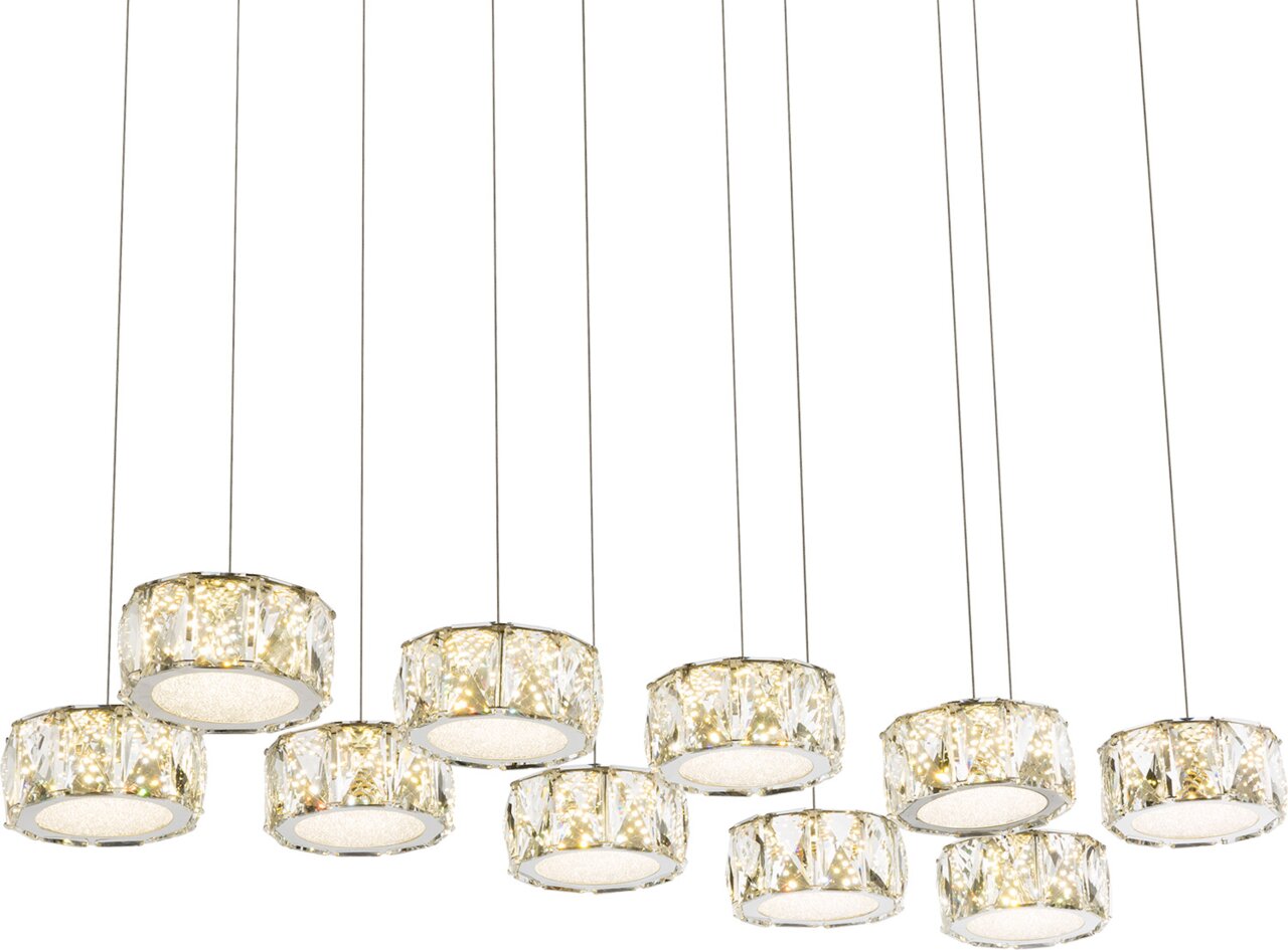 Hängeleuchte mit mehreren runden, kristallverzierten Lampenschirmen, von unten betrachtet.