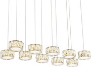 Hängeleuchte mit mehreren runden, kristallverzierten Lampenschirmen, von unten betrachtet.