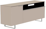 TV-Lowboard in modernem Design, seitliche Perspektive, mit zwei Türen und offenen Fächern, auf Metallfüßen.