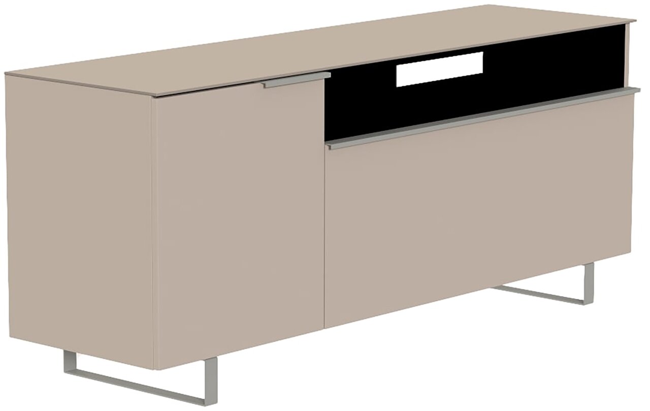 TV-Lowboard in modernem Design, seitliche Perspektive, mit zwei Türen und offenen Fächern, auf Metallfüßen.