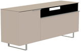 TV-Lowboard in modernem Design, seitliche Perspektive, mit zwei Türen und offenen Fächern, auf Metallfüßen.