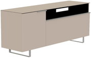 TV-Lowboard in modernem Design, seitliche Perspektive, mit zwei Türen und offenen Fächern, auf Metallfüßen.