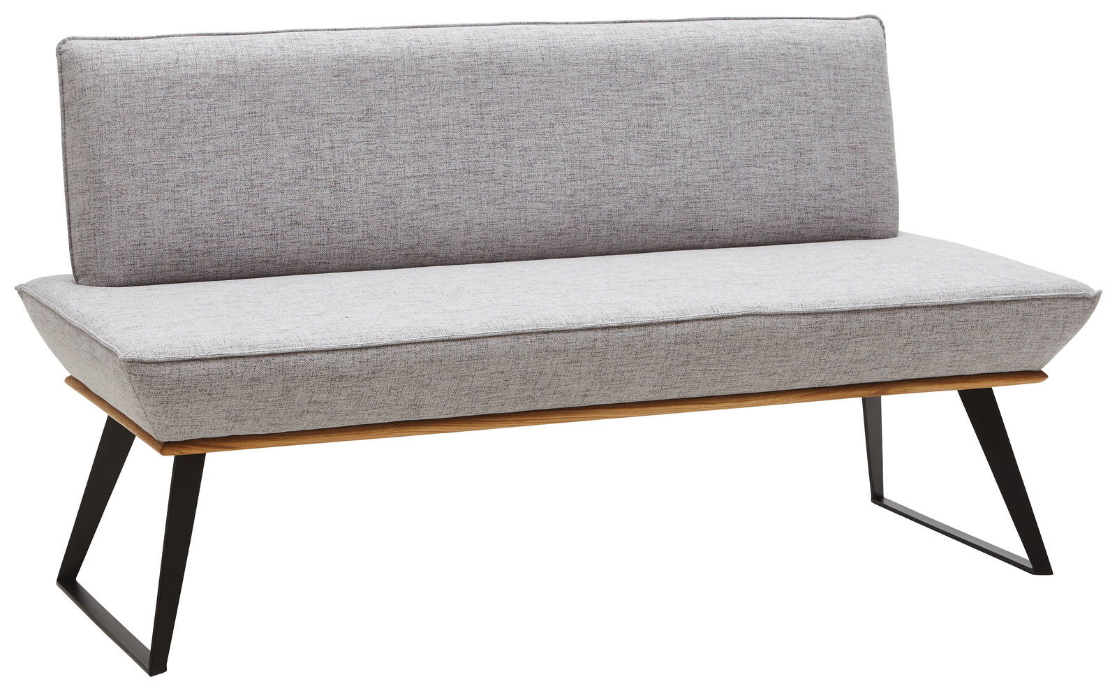 Voleo Bank 140 cm MALIBU Graue Bank mit Stoffbezug und schwarzem Metallgestell, seitliche Perspektive