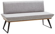 Graue Bank mit Stoffbezug und schwarzem Metallgestell, seitliche Perspektive