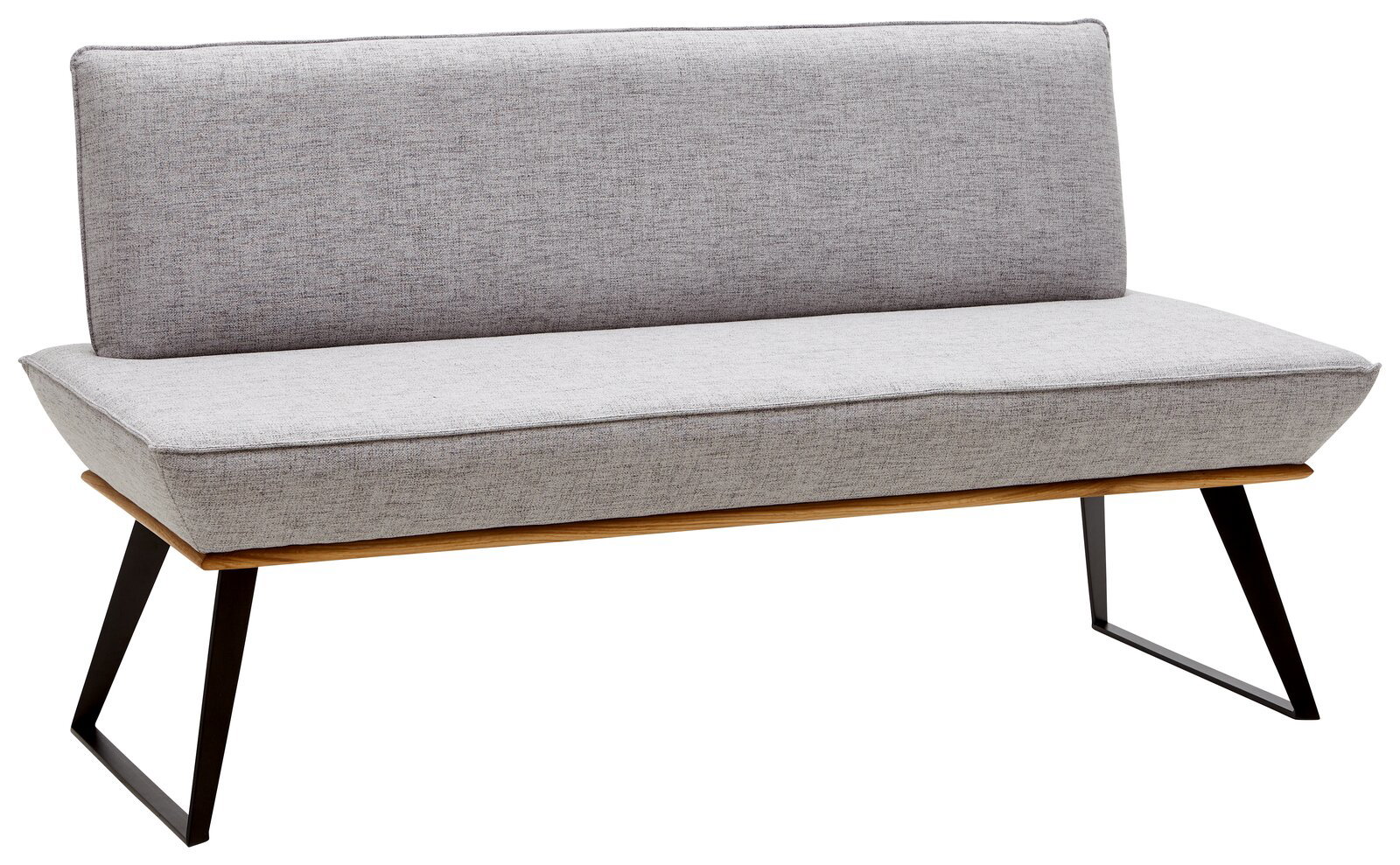 Voleo Bank 140 cm MALIBU Graue Bank mit Stoffbezug und schwarzem Metallgestell, seitliche Perspektive