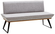 Graue Bank mit Stoffbezug und schwarzem Metallgestell, seitliche Perspektive