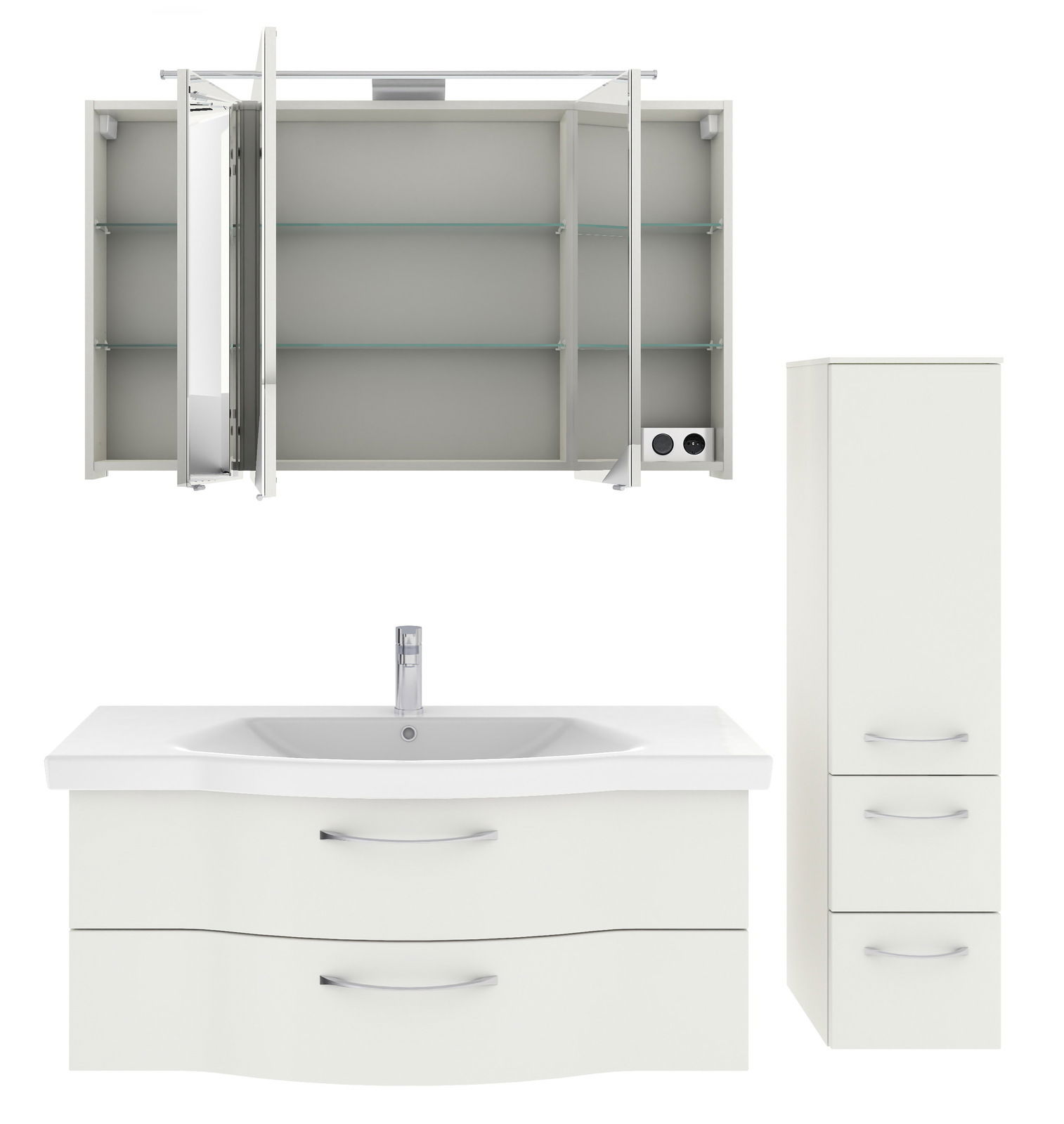 Badezimmermöbel-Set bestehend aus einem Spiegelschrank mit offenen Türen, einem Waschbeckenunterschrank mit zwei Schubladen und einem hohen Schrank mit zwei Schubladen, frontal betrachtet.