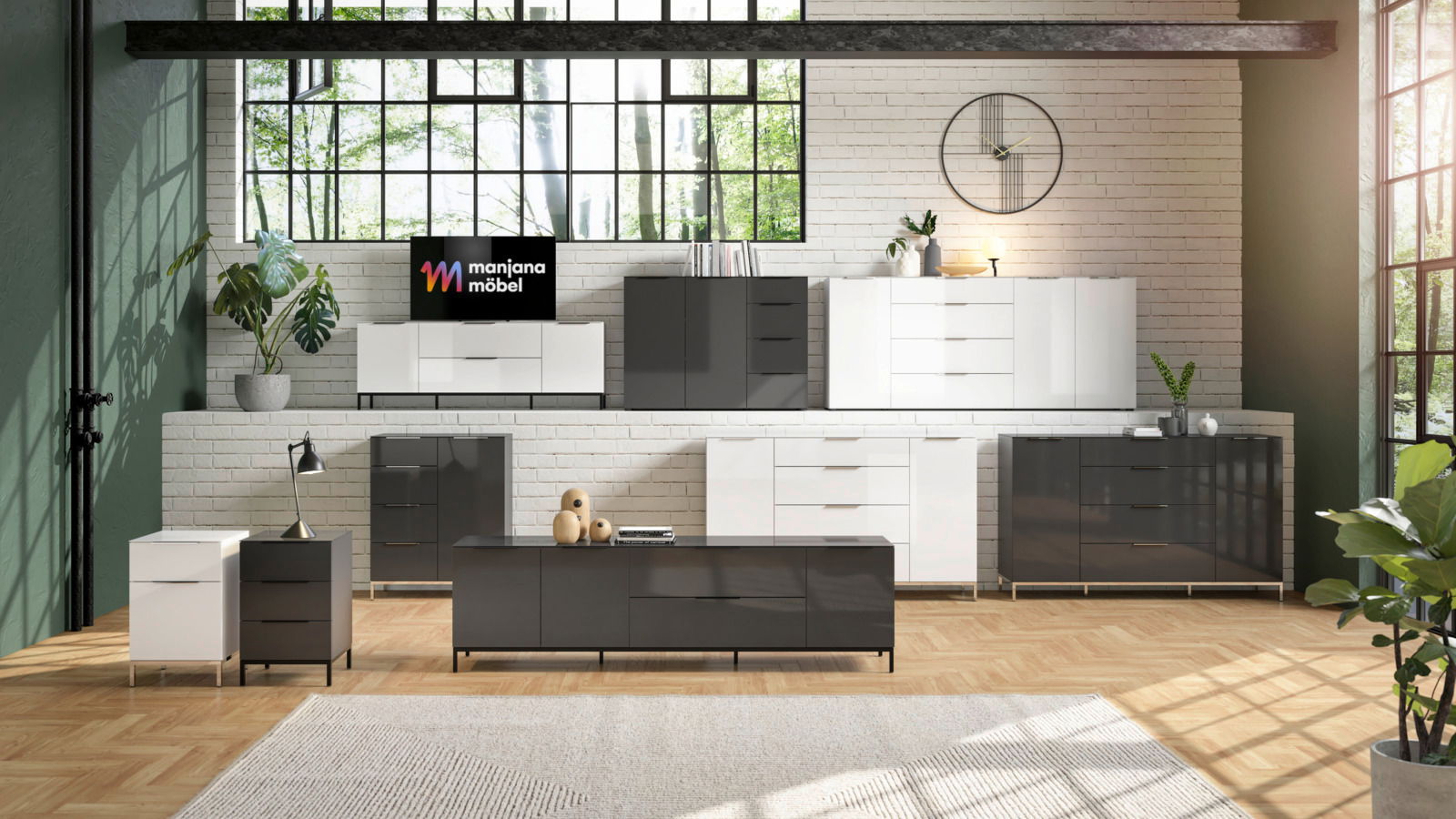 Novel TV-Lowboard STYLE Moderne Wohnzimmermöbel in einem hellen Raum mit großen Fenstern, bestehend aus weißen und grauen Kommoden und Sideboards, frontal betrachtet.