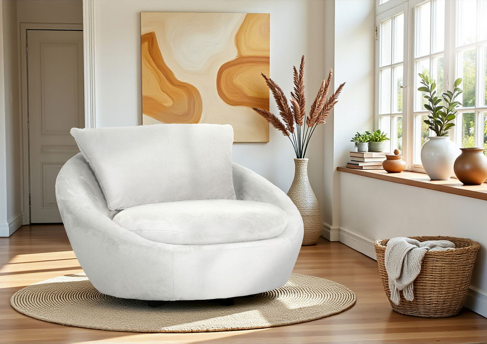 Stylife Drehsessel ANNABEL Moderner weißer Drehsessel in einem hellen Wohnzimmer, seitliche Perspektive, umgeben von Pflanzen und Dekorationen.