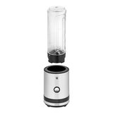 Küchenminis Smoothie-to-go Mixer in Edelstahloptik, bestehend aus einem abnehmbaren Mixbehälter und einer kompakten Basis, aus der Perspektive von vorne.