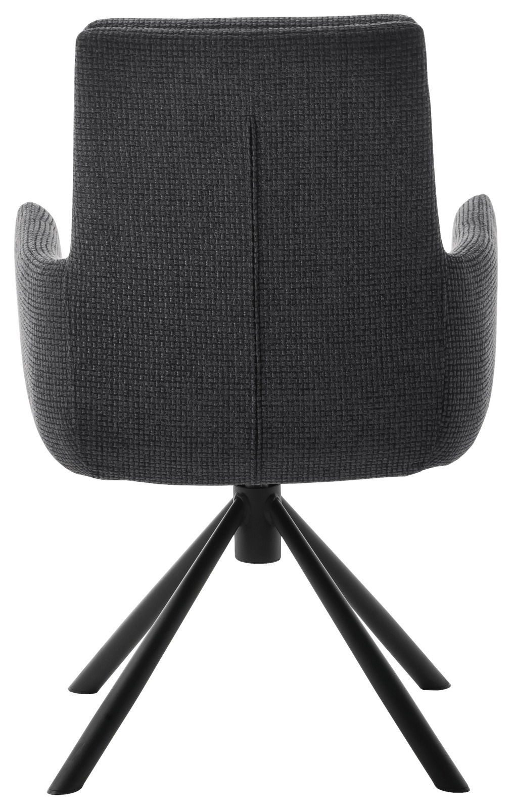 Rückansicht eines modernen Armlehnstuhls mit schwarzem Stoffbezug und schwarzem Metallgestell.