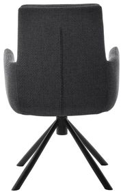 Rückansicht eines modernen Armlehnstuhls mit schwarzem Stoffbezug und schwarzem Metallgestell.
