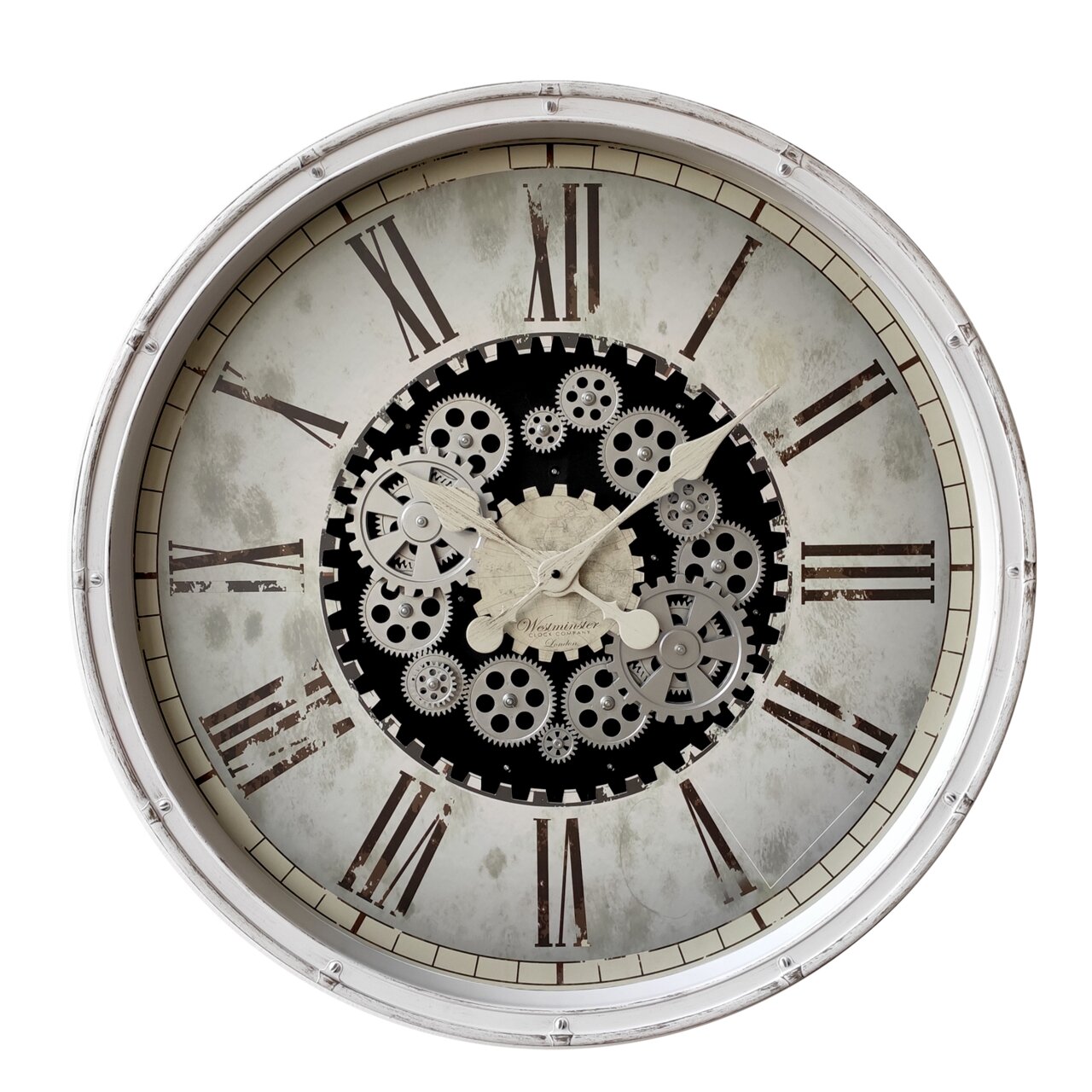 Antike Wanduhr mit römischen Ziffern und sichtbarem Zahnradmechanismus, frontal abgebildet.