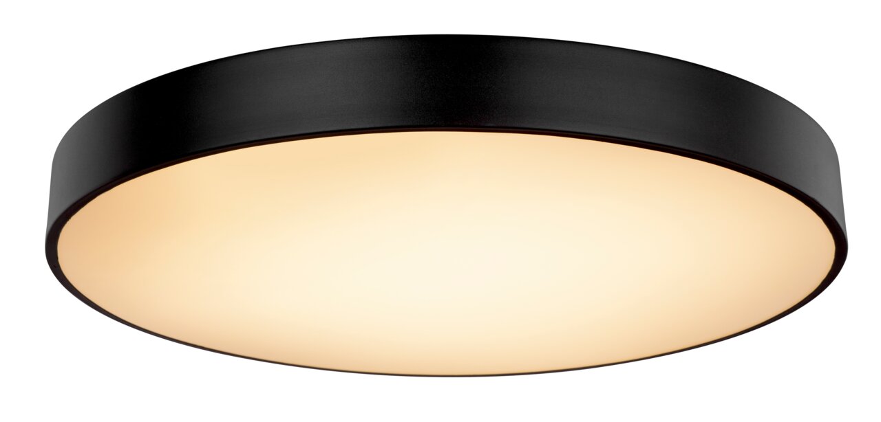 Runde Deckenleuchte in Schwarz mit warmweißer Lichtabstrahlung, seitliche Perspektive
