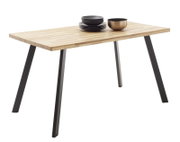 Moderner Esstisch mit Holzplatte und schwarzen Metallbeinen, seitliche Perspektive