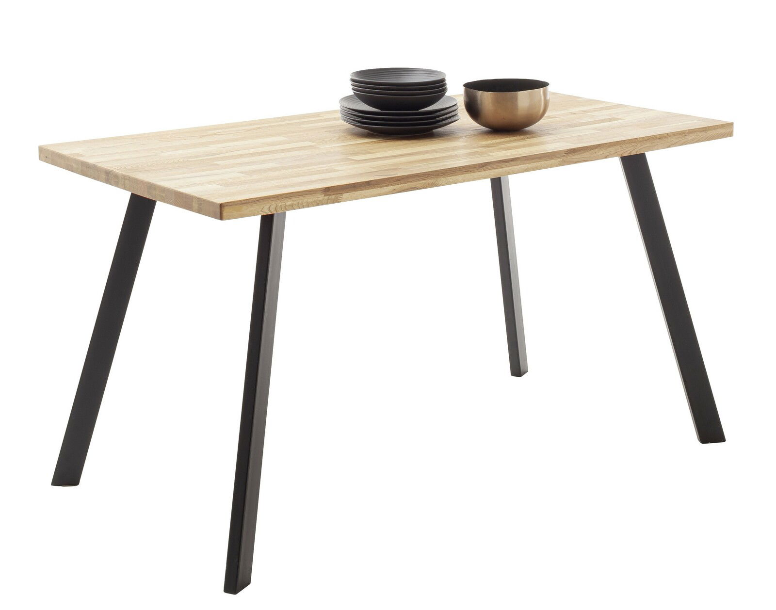 Moderner Esstisch mit Holzplatte und schwarzen Metallbeinen, seitliche Perspektive