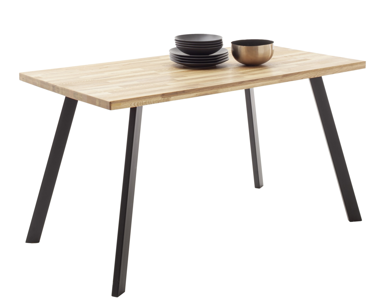 Moderner Esstisch mit Holzplatte und schwarzen Metallbeinen, seitliche Perspektive