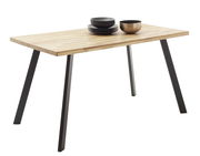 Moderner Esstisch mit Holzplatte und schwarzen Metallbeinen, seitliche Perspektive