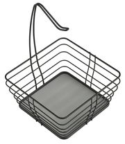 Schwarzer Metall-Obstkorb mit Haken, seitliche Perspektive