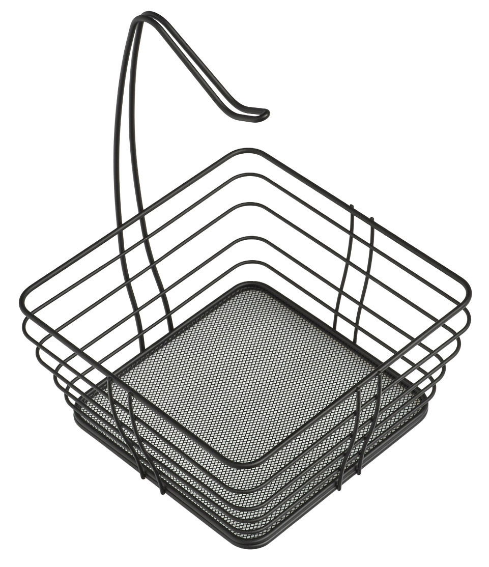 Schwarzer Metall-Obstkorb mit Haken, seitliche Perspektive