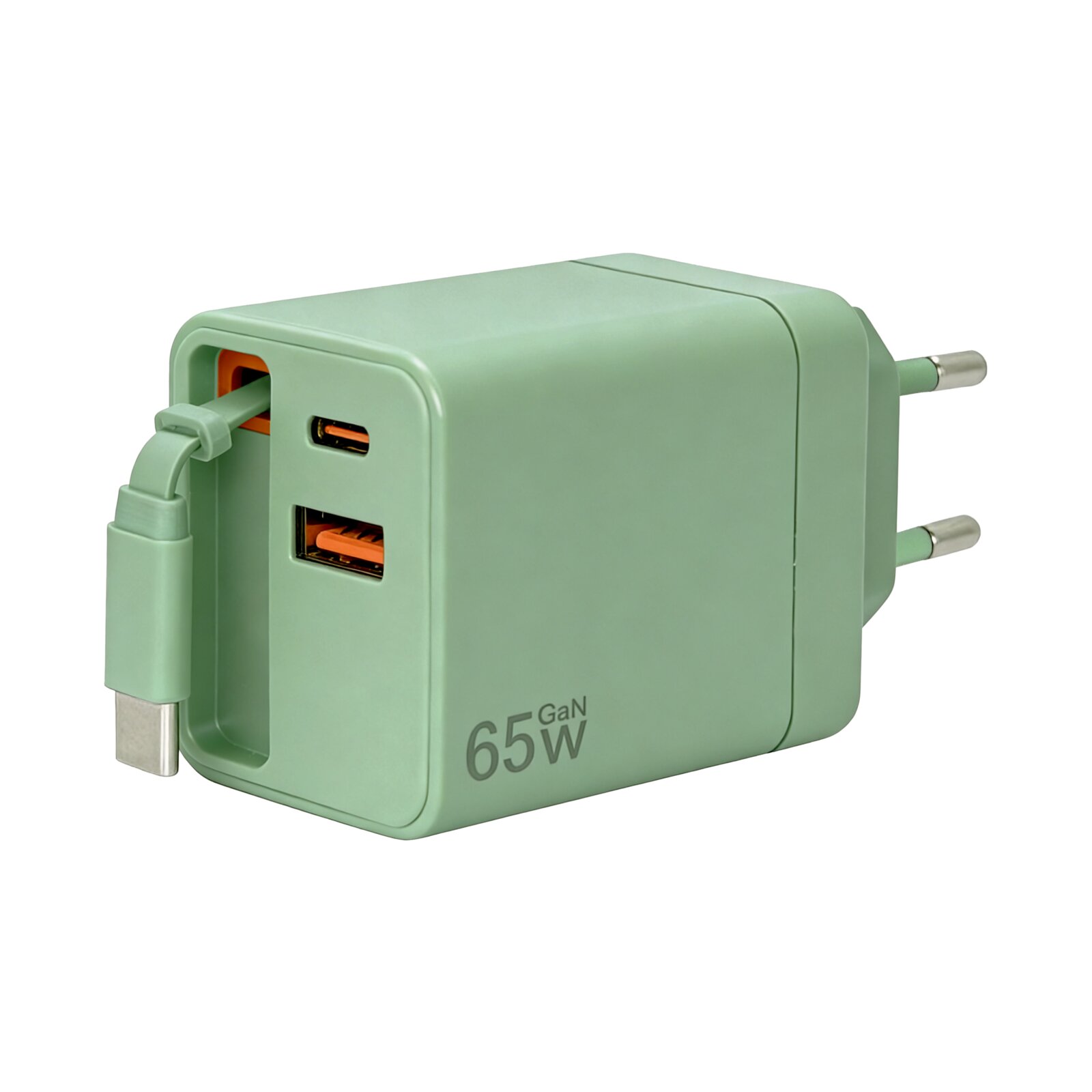 Mintgrünes 65W-GaN-USB-Ladegerät mit EU-Stecker, zwei USB-A- und einem USB-C-Anschluss sowie integriertem USB-C-Kabel, in schräger Vorderansicht von links auf weißem Hintergrund