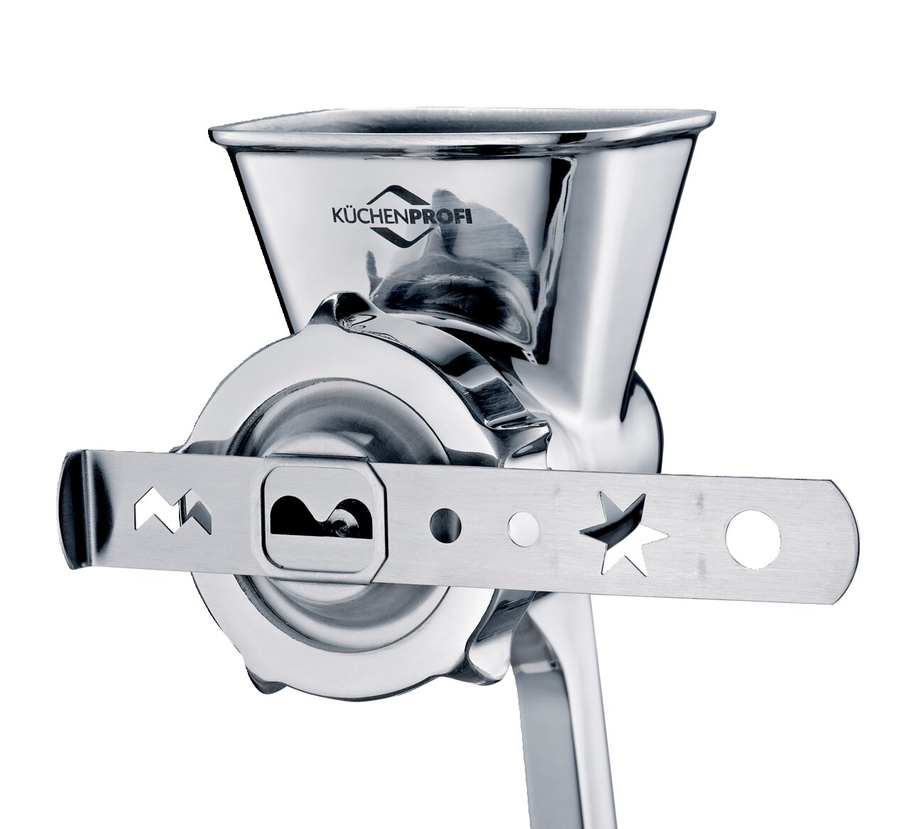 KÜCHENPROFI Fleischwolf SOLIDO Nahaufnahme eines glänzenden Fleischwolfs aus Edelstahl mit verschiedenen Lochscheiben, seitliche Perspektive.