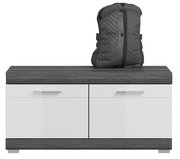 Garderobenbank in moderner Frontansicht mit dunkler Holzoberfläche und weißen Schubladen, darauf ein schwarzer Rucksack.