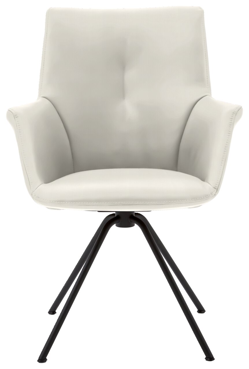 Moderner Sessel mit hellgrauem Bezug und schwarzen Metallbeinen, Frontalansicht