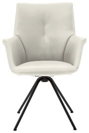 Moderner Sessel mit hellgrauem Bezug und schwarzen Metallbeinen, Frontalansicht