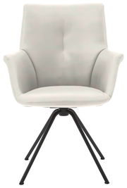 Moderner Sessel mit hellgrauem Bezug und schwarzen Metallbeinen, Frontalansicht