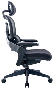 Ergonomischer Drehstuhl in Seitenansicht mit Kopfstütze und Armlehnen