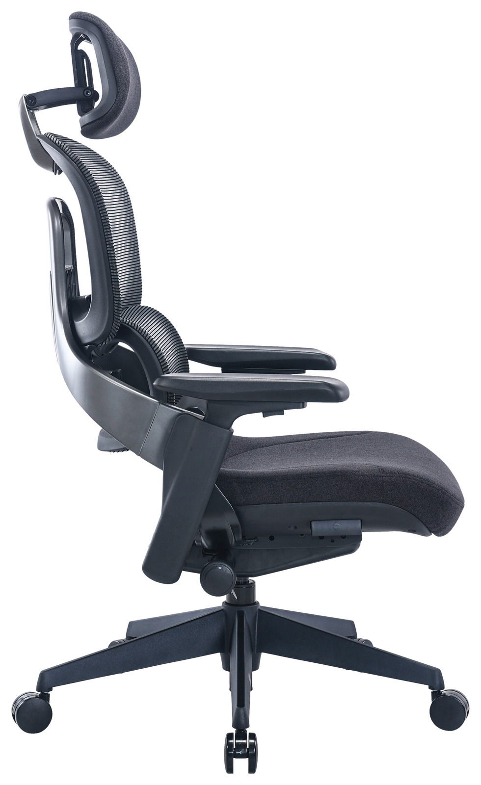 Ergonomischer Drehstuhl in Seitenansicht mit Kopfstütze und Armlehnen