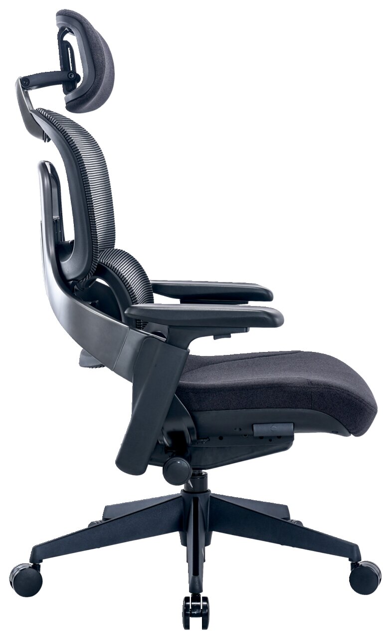 Ergonomischer Drehstuhl in Seitenansicht mit Kopfstütze und Armlehnen